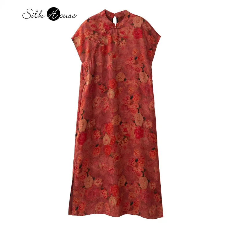 

2025 Women's Summer New Rose Printed 100% Natural Mulberry Silk Gambiered Guangdong Gauze Short Sleeved Stand Up Cheongsam Dress