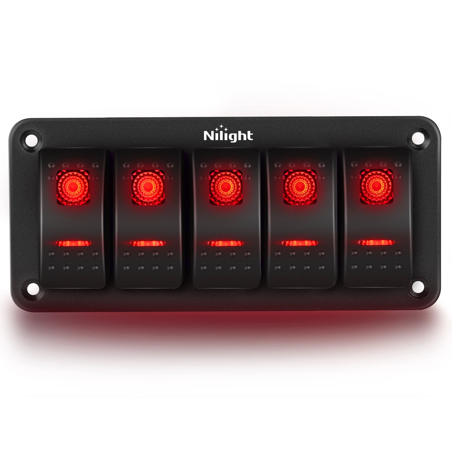 Nilight 5 Gang Rocker Switch Panel 5Pin On Off Toggle Aluminum Holder 12V 24V Dash Pre-Wired Red Backlit Switches for Automotive Cars Marine Boats RVs Truck