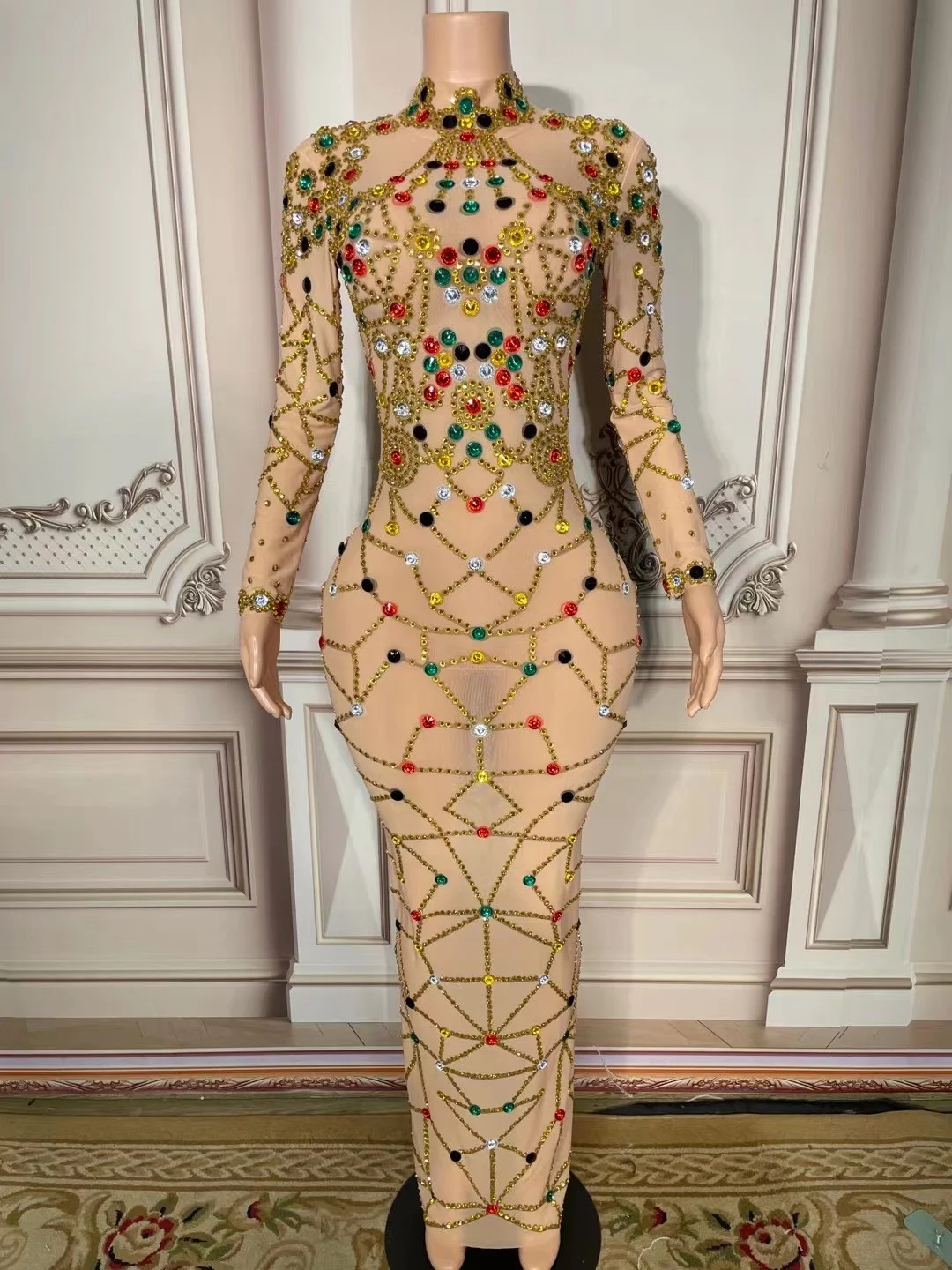 

Sparkly Sequins Crystals Nude Mesh Women's Long Dress Sexy Birthday Celebrate Feast Evening Prom Exotic Dress Photo Shoot Wear