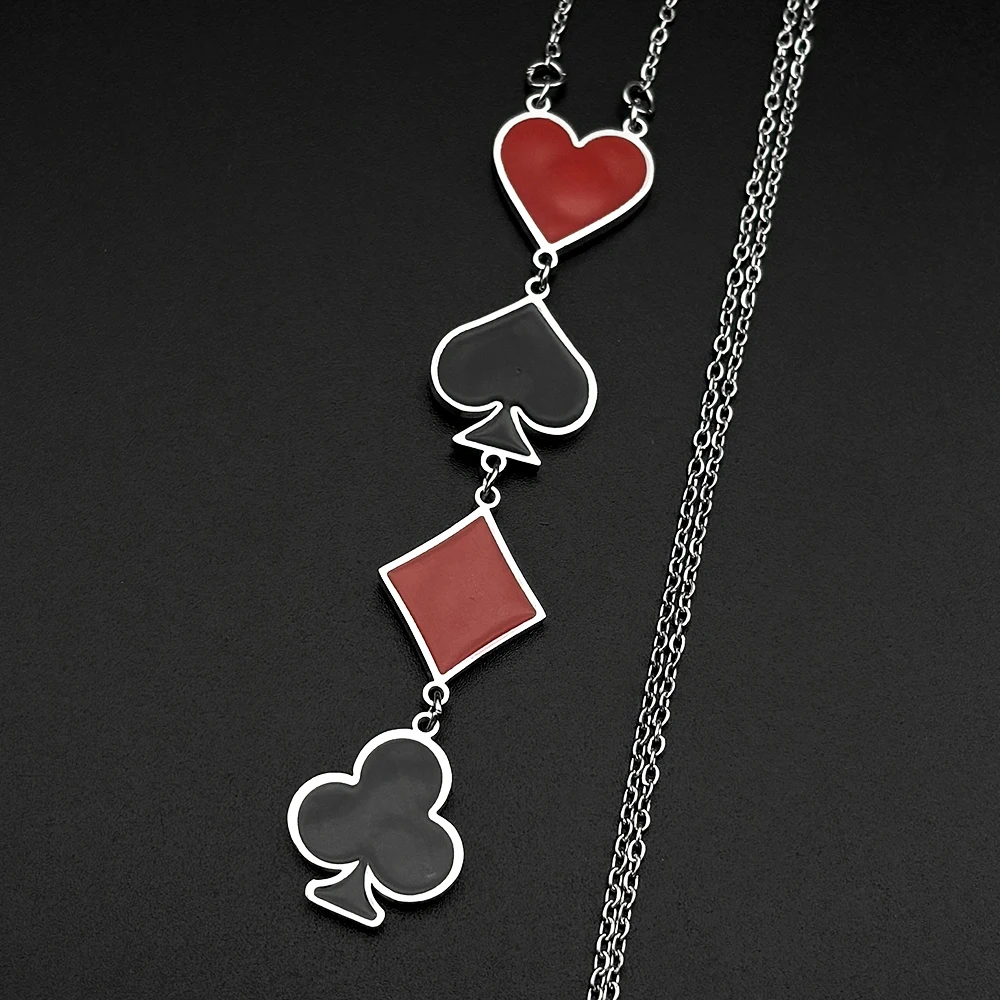 Pokerkarten-Halskette mit Sprossen in Form von Pik, Herzen, Karo und Ruiten für Damen und Herren aus Edelstahl, Glücksbringer, Vintage, Hip-Hop, Streetwear, Party-Schmuck – Detail 8