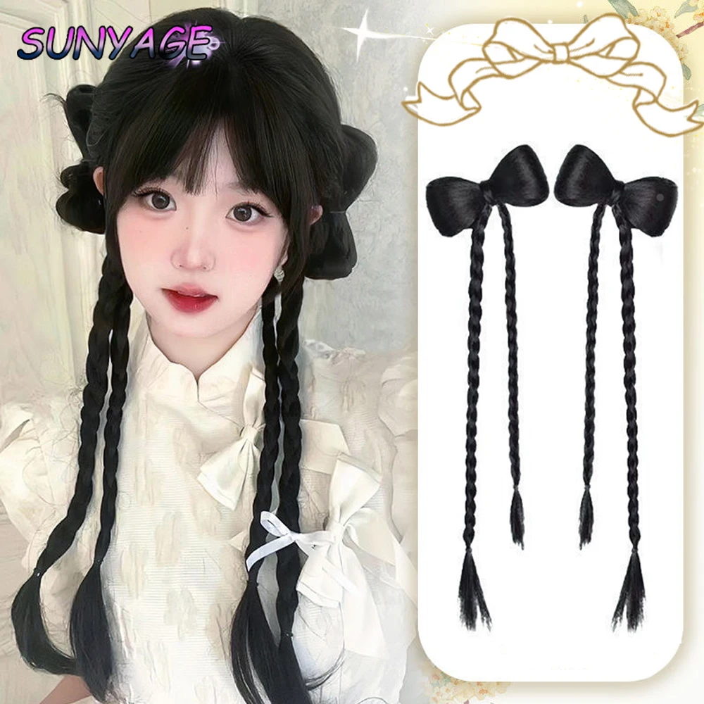 

Синтетический парик EAST, двойной хвост, коса Fried Dough Twists, бант, игривый пушистый зажим для головы с шариком