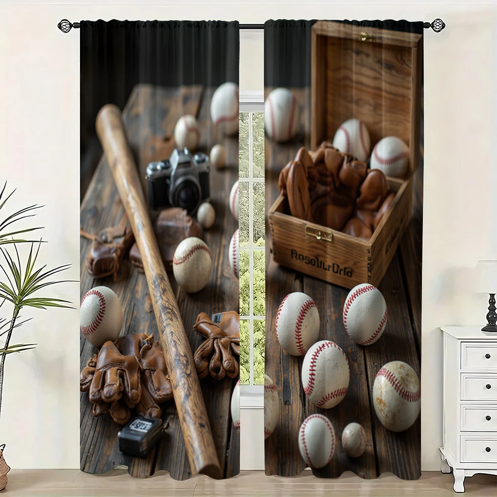 

2pc, Window Drapes Retro baseball theme Durable 100% Polyester Fabric,Without Electricity Festive Wall Decor Suitable for Home