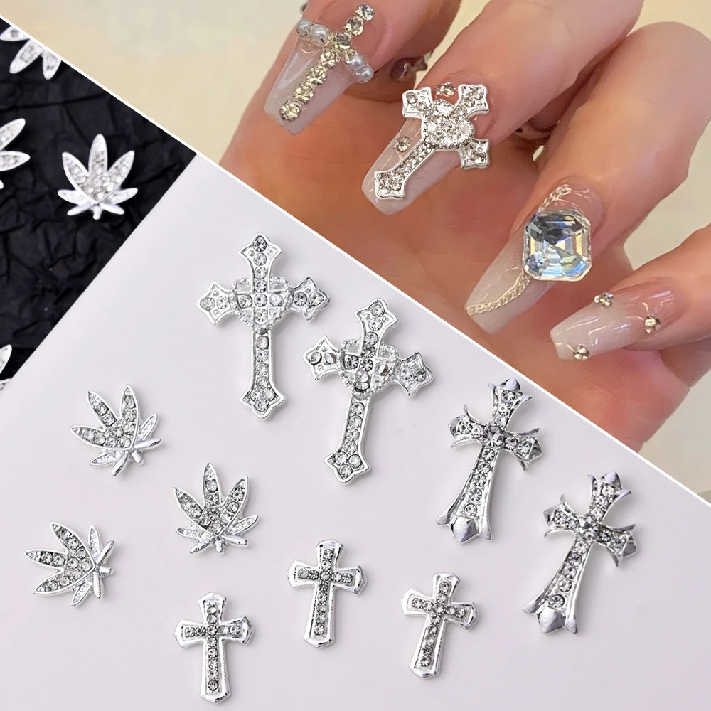 10pcs/lot Luxury Silver Cross Crucifix Nail Art Charm Parts Alloy Rhinestone Crystal Manicure Nail Accesorio Supplies Decoration