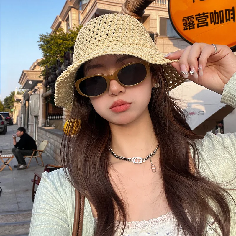 Summer Hollow-out Straw Hat Women's Korean StyleinsSun-Proof Bucket Hat Breathable Foldable Thin Bucket Hat Makes Face Look Smal