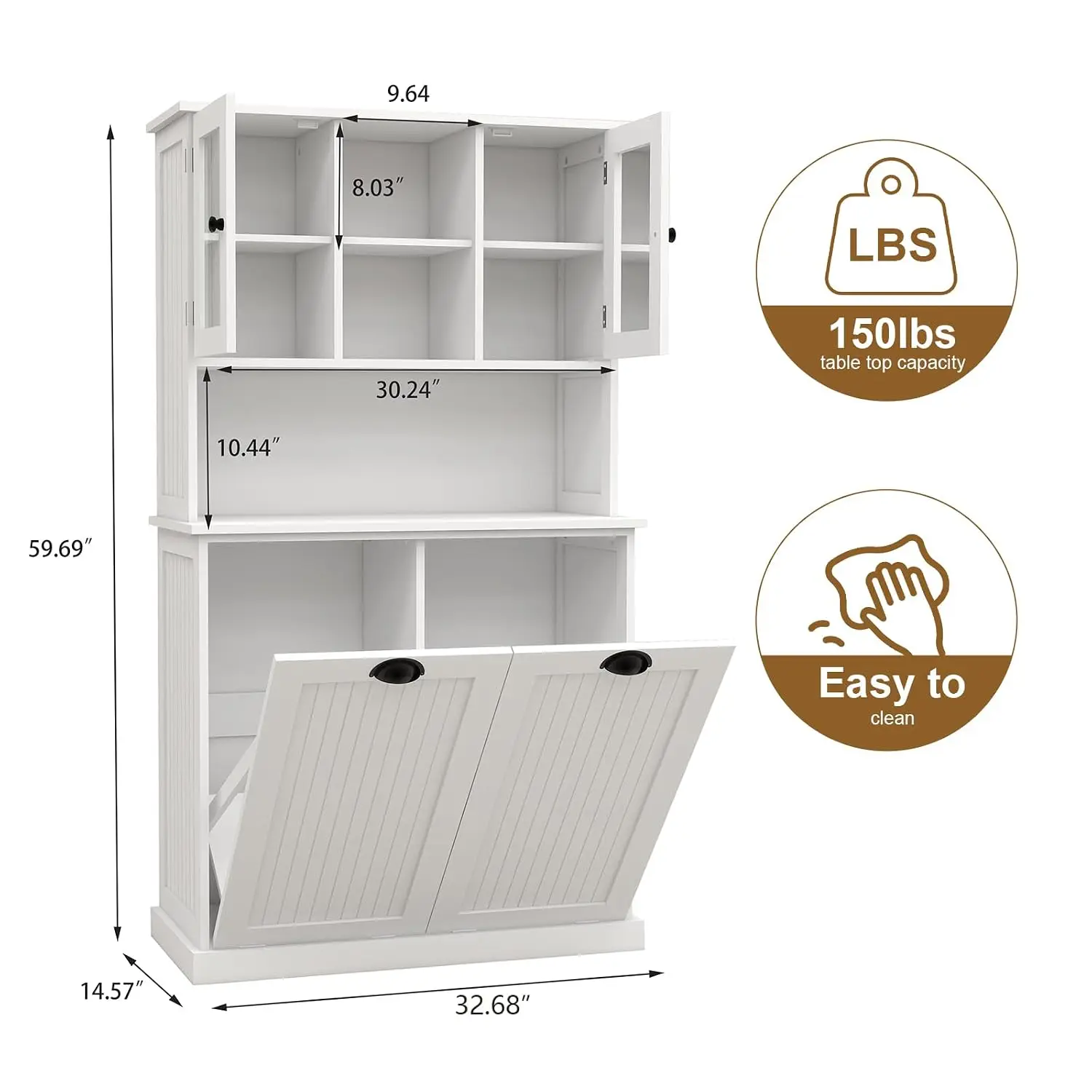 Tilt-Out Laundry Hamper Cabinet with Glass Doors – 60” Tall Bathroom Storage Organizer, 2 Pull-Out Baskets,, Customized
