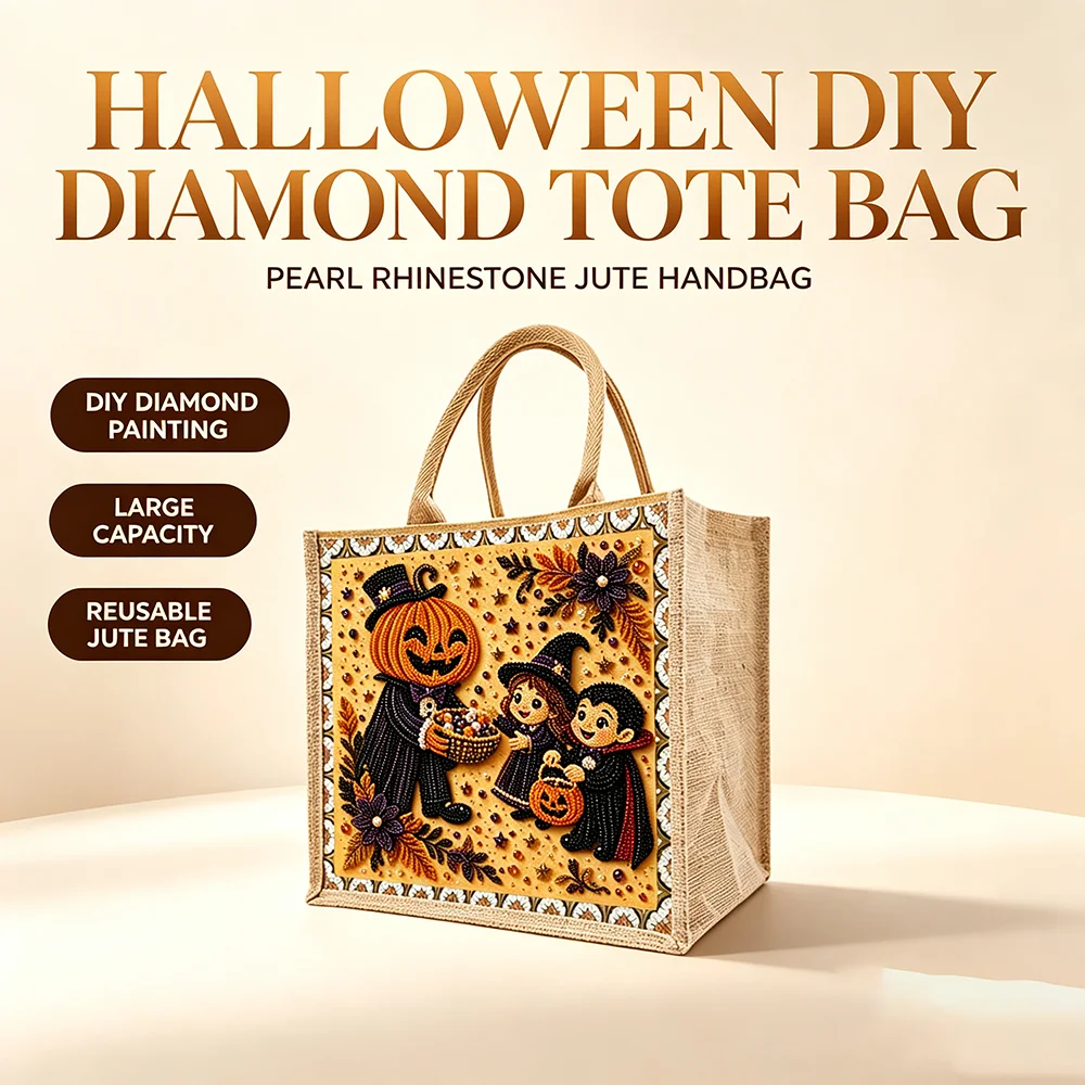 Halloween DIY Diamond Painting Jute Shopping Bag Pearl Bead Pumpkin Witch Burlap Tote Reusable Trick or Treat Candy Storage Bag