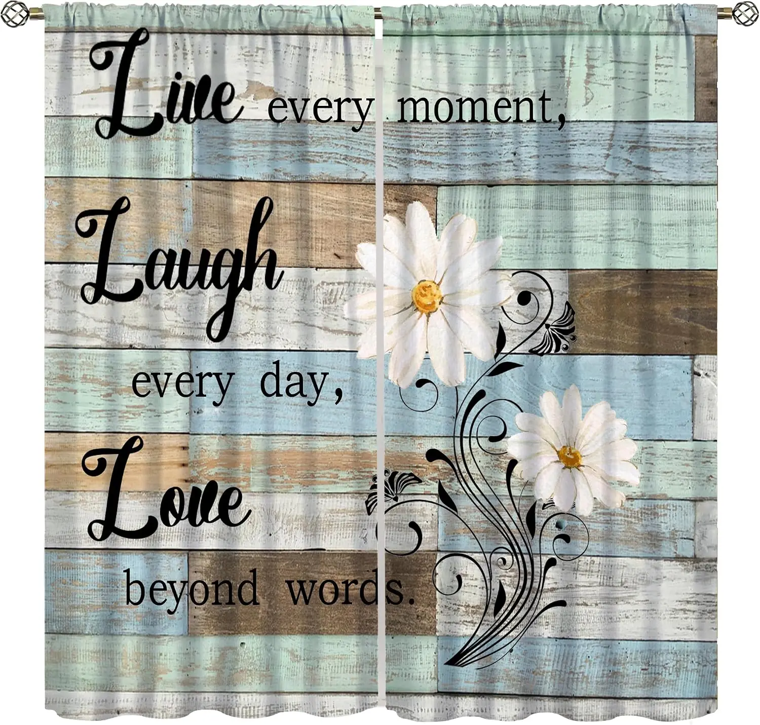 Farmhouse Daisy Blackout Rod Pocket Curtain Shabby Wood Plank Live Laugh Love Text Window Panels Rustic Cozy Living Room Wall