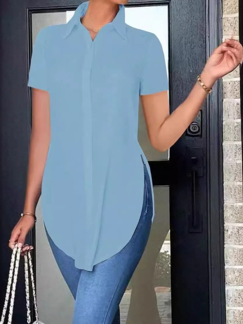 

Simple Pure Color Collar Women's irt Polyester Material ort Sve Button Closure Mid-Length Chinese Production