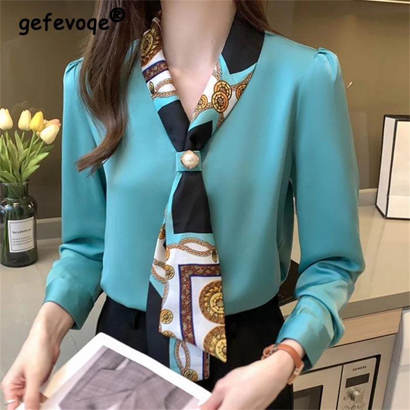 Women High Quality Lace Up Bow Beaded Design Blouse Office Lady Elegant Fashion Shirts V Neck Long Sleeve Loose Tops Chic Blusas