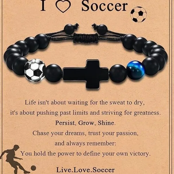Black Frosted Stone Blue Tiger Eye Football Basketball Baseball Beaded Bracelet Adjustable Cross Men Women