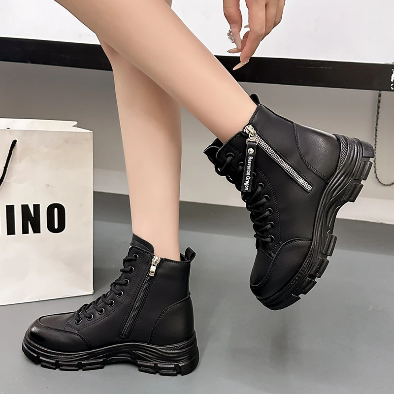 Bota de tornozelo monocromática de dedo redondo feminina, sapatos com cordões dianteiros, alta qualidade, moda profissional e profissional, venda quente, 2024