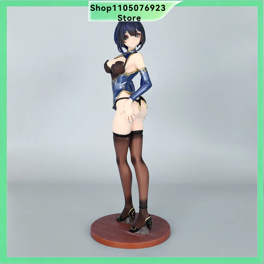 Dark Blue Short Hair Anime Girl Figure Cheongsam Costume Black Stockings PVC Model Desktop Collectible Ornament Fan Display Gift