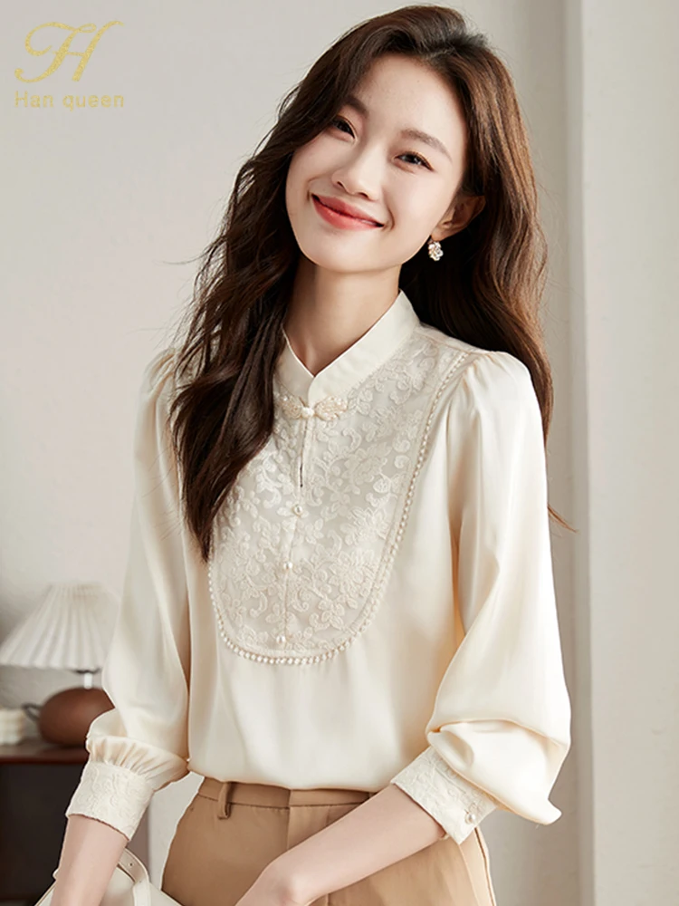 H Han Queen New Autumn Vintage Office Blouse Female Shirt Lace Embroidery Beads Tops Long Sleeve Casual Women Loose Blouses