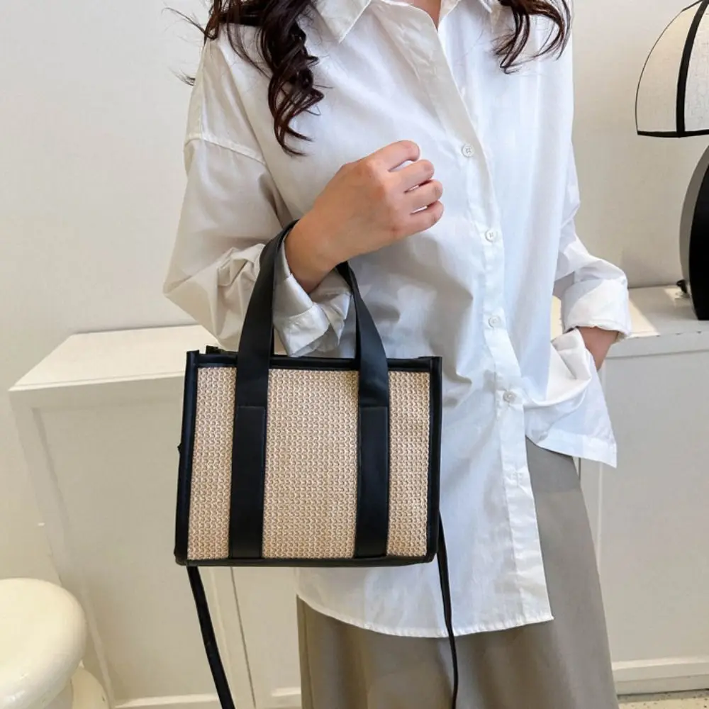 Large Capacity Knitted Handheld Straw Woven Tote Bag Simple Single Shoulder Bag Fashion Crossbody Pouch Travel Beach Handbag