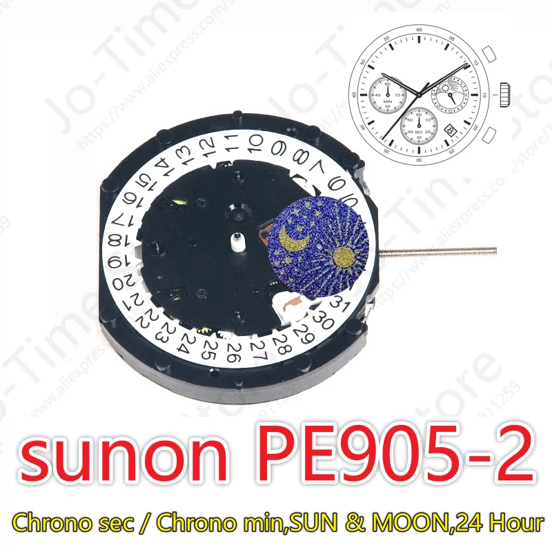 Sunon PE905-2 Quartz Watch Ligne China Movement Three Hands with 3 Eyes Date Small Chronograph Second Minute Sun & Moon 24 Hour