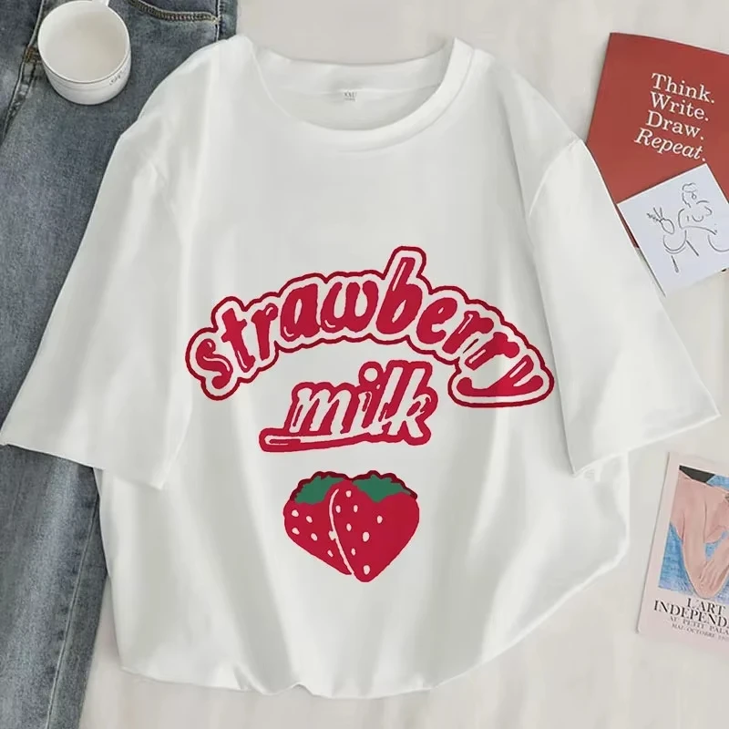 

Женская футболка с графическим принтом Strawberry Milk, эстетические розовые топы в стиле Харадзюку, футболка, новинка 2025, летняя модная женская футболка Y2k