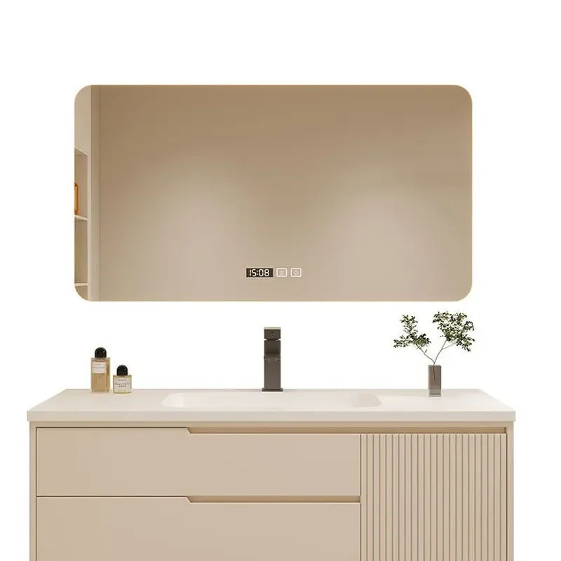 7L 8K Light Luxury Corian Bathroom Cabinet Rock Slab Ceramic Basin Integrated Vanity Unit Seamless Washstand Storage Combo