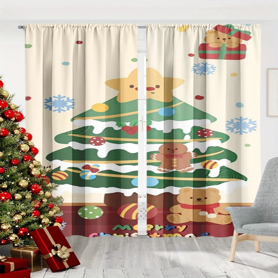2PCS Christmas Winter Curtains, Cartoon Tree Gingerbread Teddy Bear Gift, Digital Print, Bedroom Living Room, Home Decor