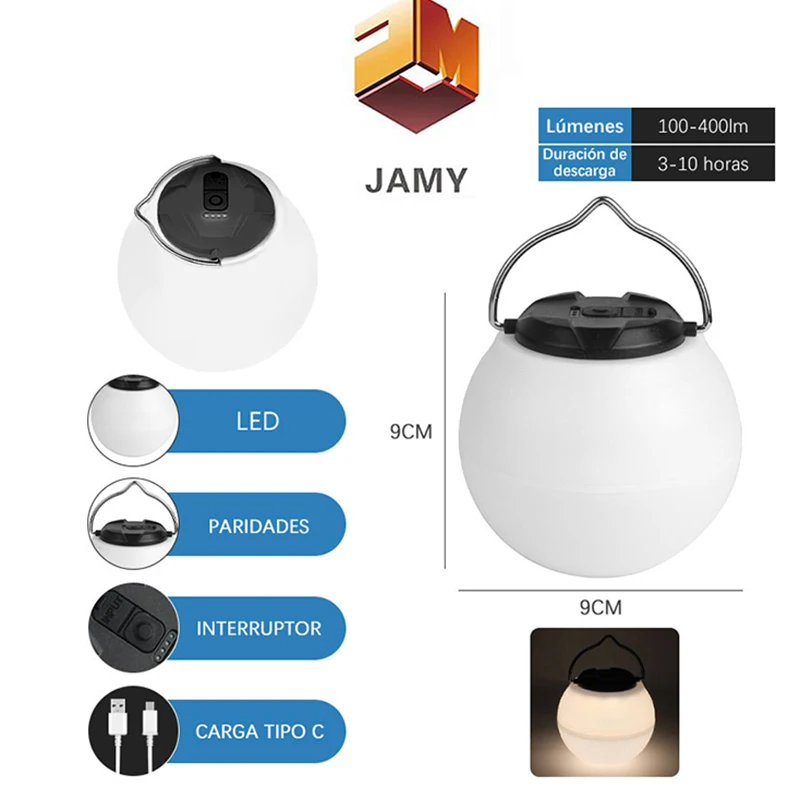 Lâmpada portátil do trabalho da emergência para a pesca, acampando lanternas, recarregável, 3 cores, regulável, luz da barraca, ao ar livre, lanterna impermeável