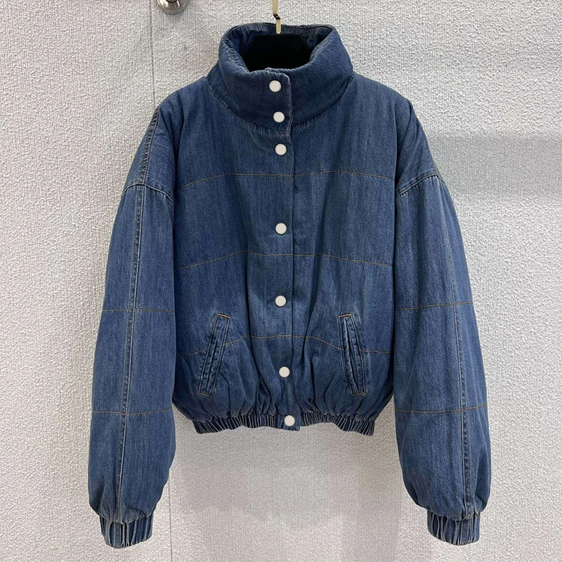 

High-quality vintage water-washed blue women's down denim coat with a stand-up collar and single button closure 25100417