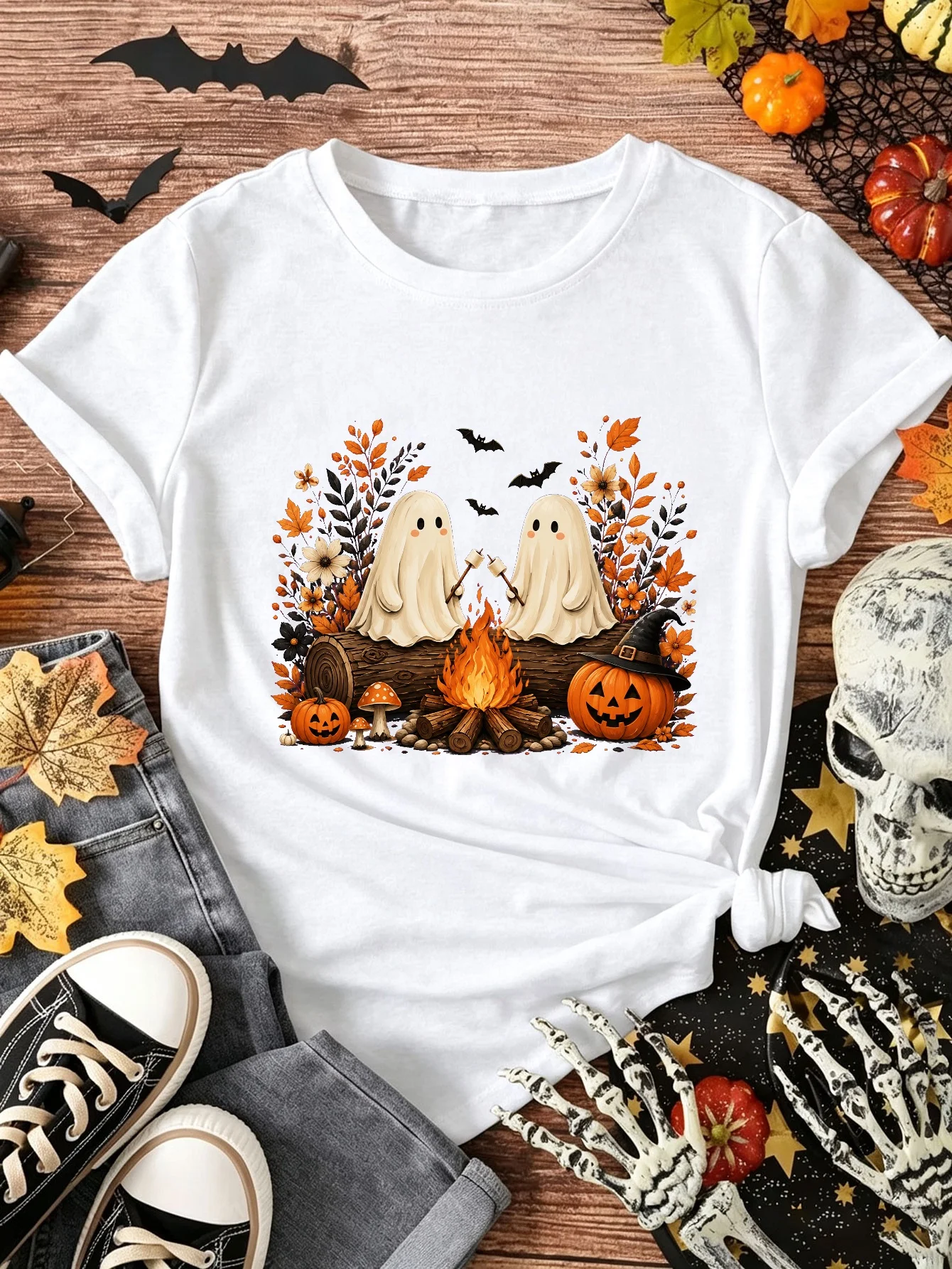 Women's Halloween T-Shirt Cute Ghost Roasting Marshmallow Print Round Neck Short Sleeve T Shirt Graphic Casual Tops Clothes Y2k