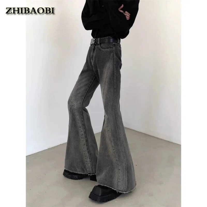 

Summer Niche Black Gray Gradient Washed Denim Jeans With Men's and Women's Designs Featuring Frayed Edges and Long Flared Legs
