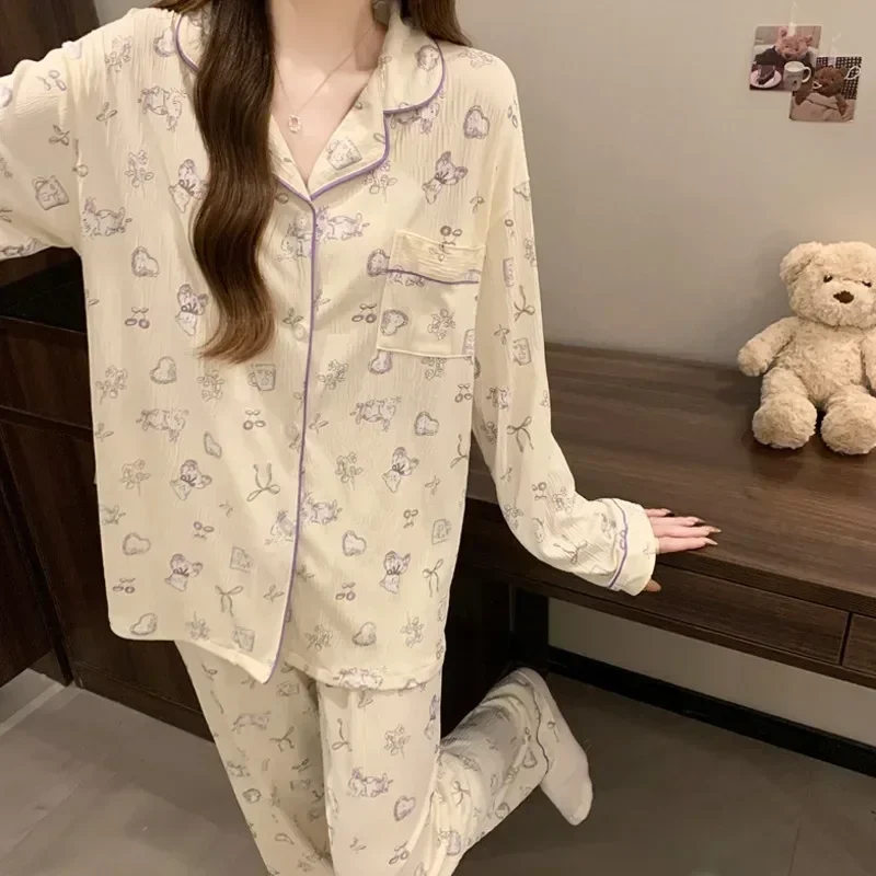 

Loose comfortable cartoon pattern women's pajamas spring and autumn season new long-sleeved pants lapel homewear two-piece suit