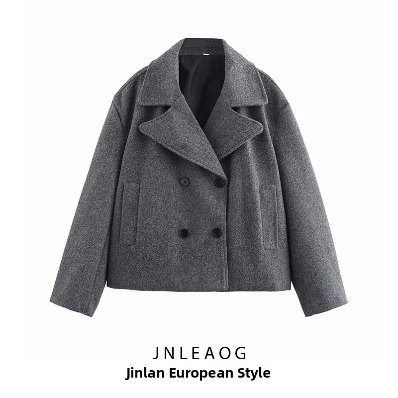 

JNLEAOG Autumn New Women's Faion Design Suit Collar Double Button Mix Spun Wool ort Coat Street Sle Long Sve Coat