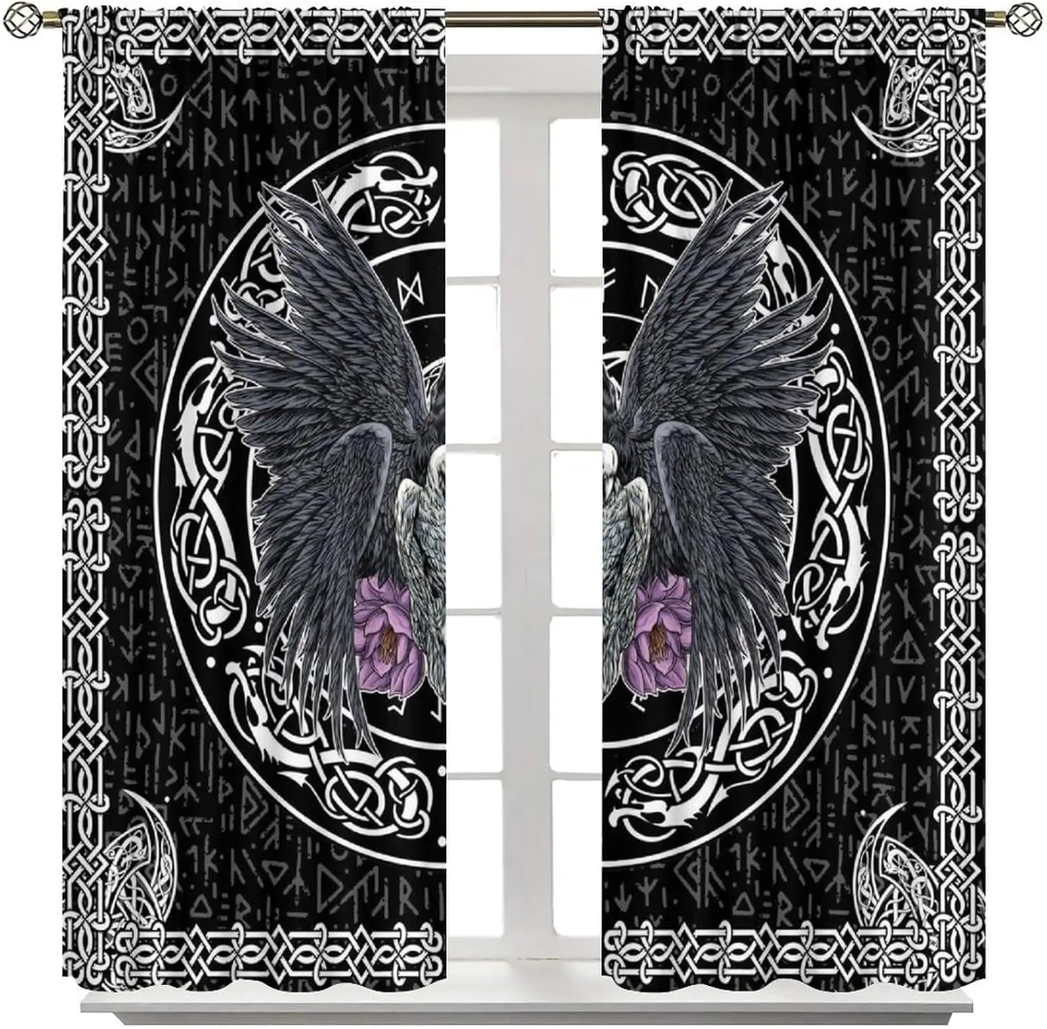 Nordic Mythology Raven Curtains, World Tree Rune Print Drapes for Boys Bedroom