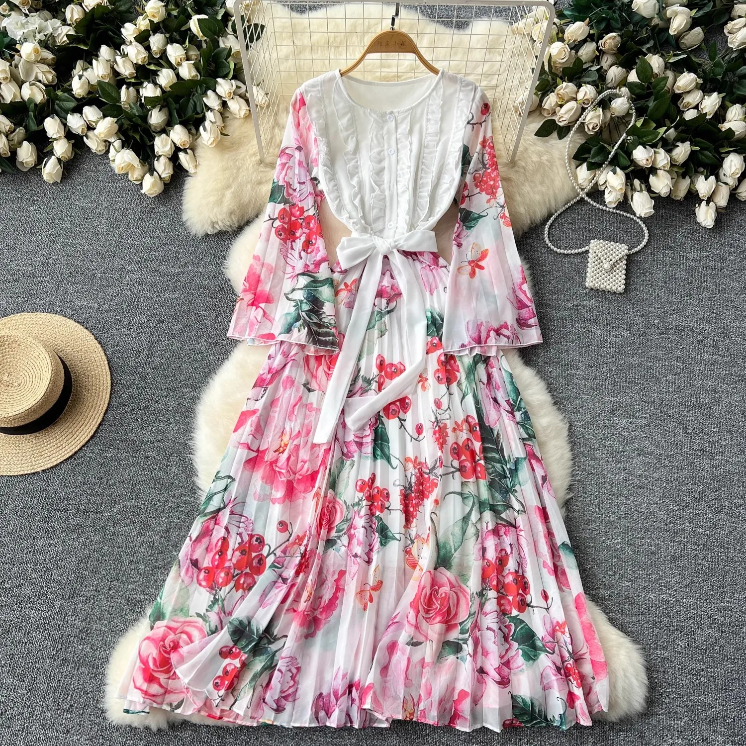 

Summer Gorgeous Flower Holiday Dress Women's O-Neck Ruffles Flare Sleeve Lace Up Belt Floral Printed Pleated Chiffon Vestidos