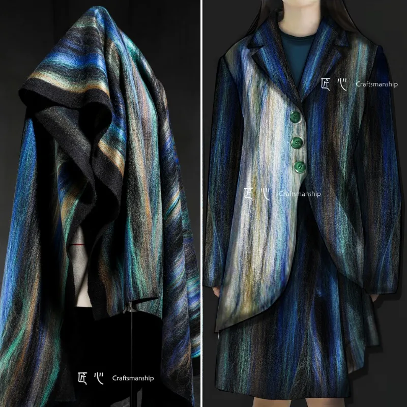 Peacock Blue Color Woven Wool Tweed Heavy Weight Thickened Tweed Fabric Creative Coat Jacket Clothing Designer Fabrics