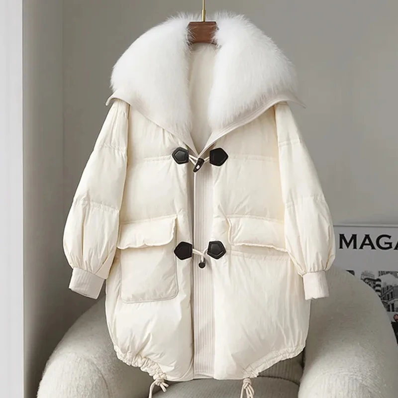 90% Down Jacket Women Autumn Winter 2022 New Artificial Fur Fox Overcame Horn Button Coats Fashionable Large Fur Collar Parka