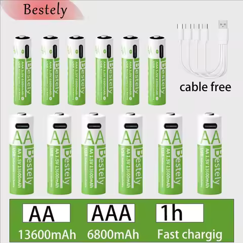 Batterie au Lithium Rechargeable 1.5V AA 13600mAh & AAA 6800mAh avec USB-C charge rapide Li-ion Tech 2000 Cycles câble USB-C