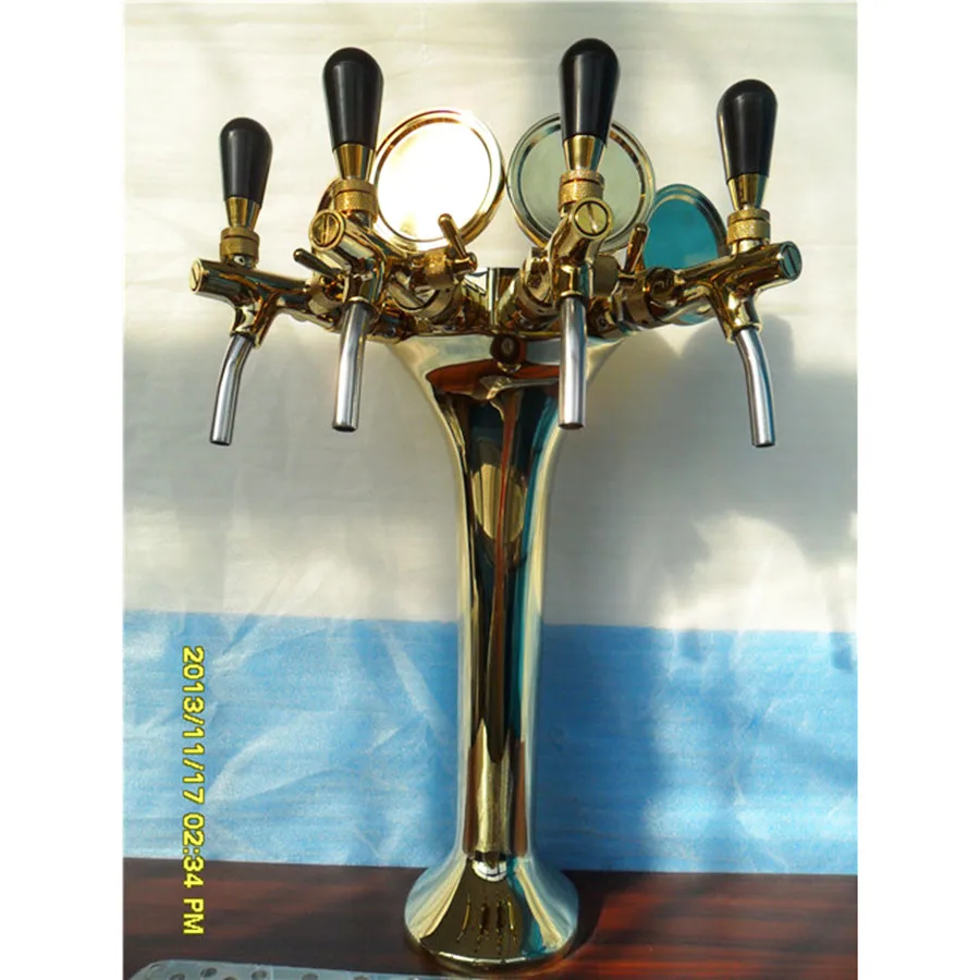 

NEW Beer Tap Faucet Draft 4 Lines Golden Tower for Kegerator, Bar Counter Beer Tower Unit