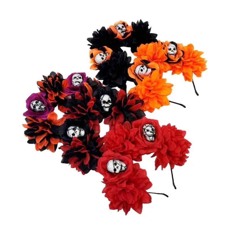 39BD Day Of the Deads Headpiece Skeleton Flower Crown Headband Halloween Cincos Mayoes Party Costumes for Womens Gifts