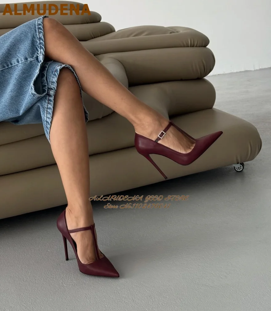 

ALMUDENA Burgundy Matte T-Bar High Heel Shoes Glitter Crystal Buckle Strap Stiletto Heels Pointed Toe Elegant Party Footwear