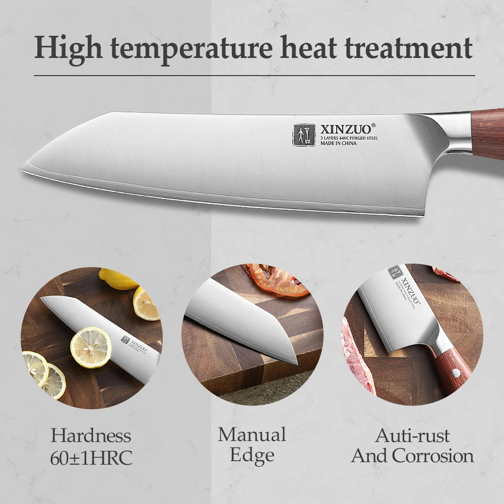 XINZUO Wysokiej jakości nóż Santoku ze stali nierdzewnej 7,2 cala, 3-warstwowa stal kompozytowa, nóż szefa kuchni do krojenia, rękojeść z czerwonego drewna — zdjęcie 3