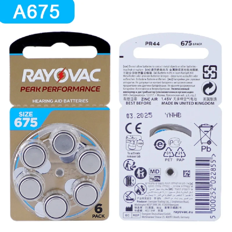 Hearing Aid Batteries 60PCS / 10 Cards RAYOVAC PEAK Zinc Air Battery For BTE CIC RIC OE Hearing Aids 1.45V A312 10 A13 675 PR41