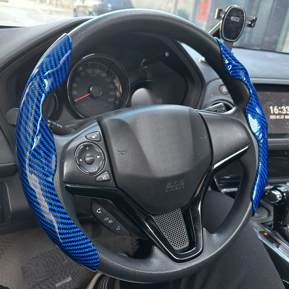 Universal Car Steering Wheel Cover Anti-slip Bright Gloss Carbon Fiber Texture Steering Wheel Decoration Accessories 14.5-15inch
