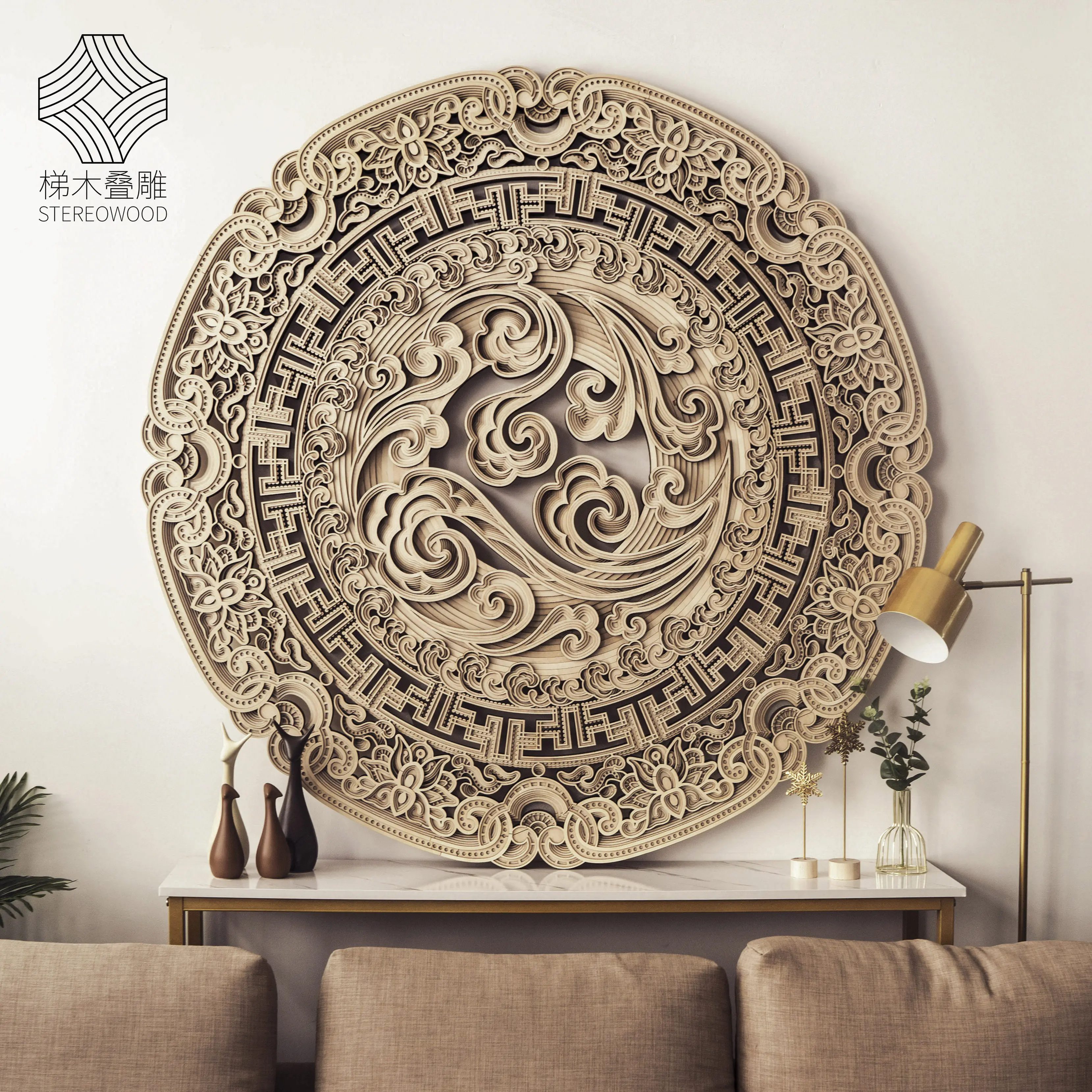 Ladder wood stacked carving creative wood new Chinese wall decoration  round three-dimensional dining room living