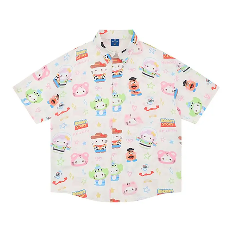 BEIANJI men clothing 2025 new fun kt cat full print short-sleeved shirt unisex summer cute niche casual loose flower mens shirt