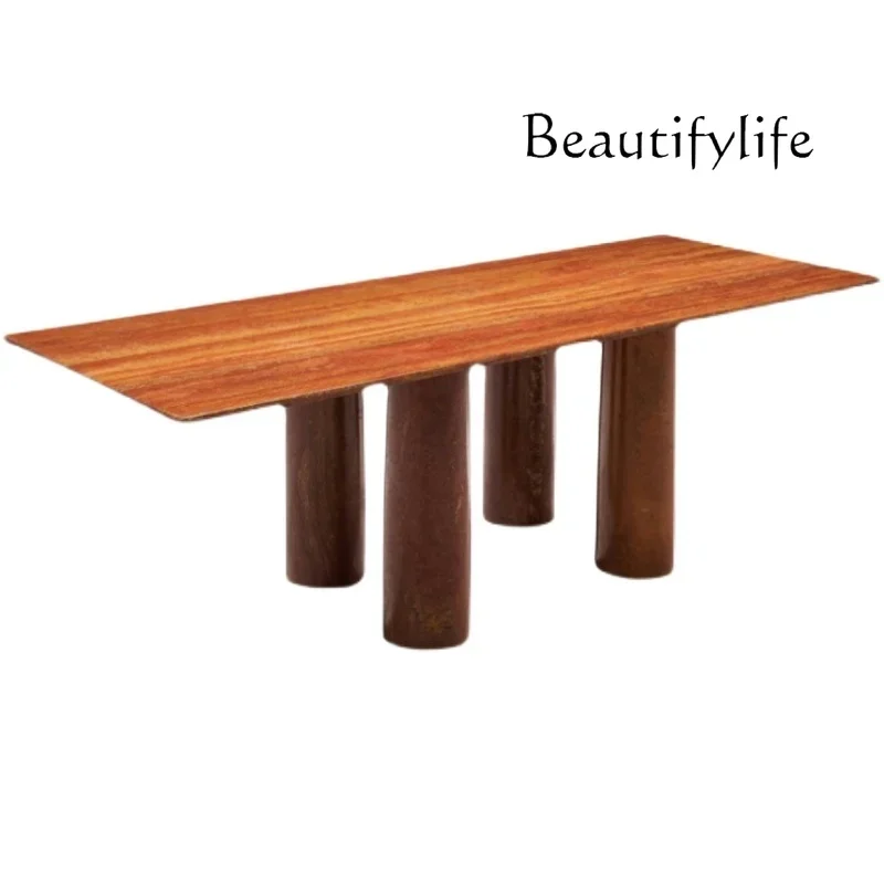 X Italian Natural Marble Dining Table Living Dining Room Light Luxury Red Travertine Dining Table Hotel Atmosphere Rectangular