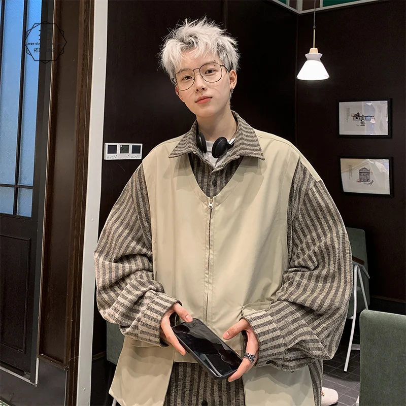 

Men's Striped Shirt Workwear Design Spring Season Cityboy Style Long Sleeve Collar Loose Fit Polyester Fiber Casual Shirt