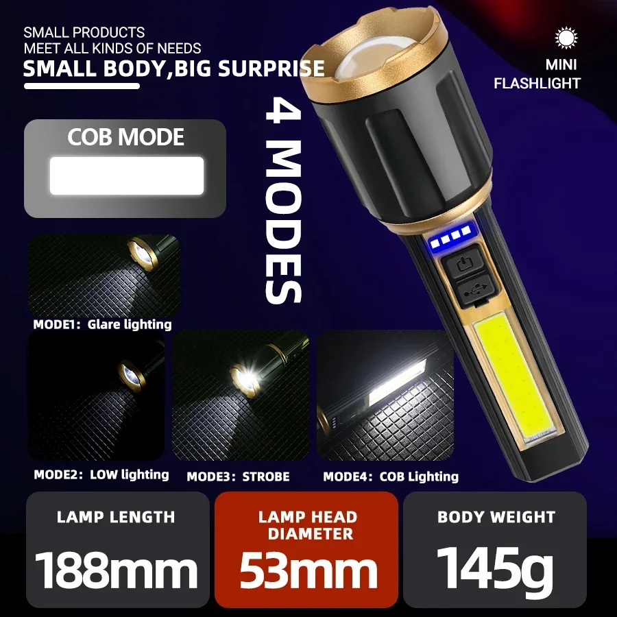 2000LM Super Bright LED Flashlight Tactical Zoom Built-in Battery USB Rechargeable with COB Side Light Portable Camping Lantern
