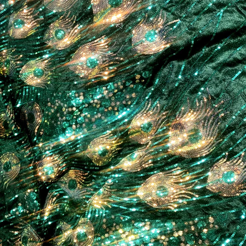 

Shiny Peacock Feather Sequin Fabric For DIY Sewing Bridal Gown Wedding Dress Performance Costume Luxury Sparkling Material