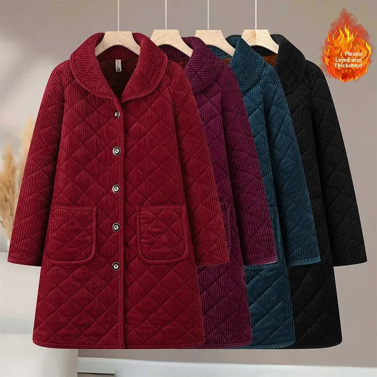 

Утепленное хлопковое пальто из вельвета с флисовой подкладкой, воротником-стойкой, больших размеров, зимняя одежда для женщин среднего возраста