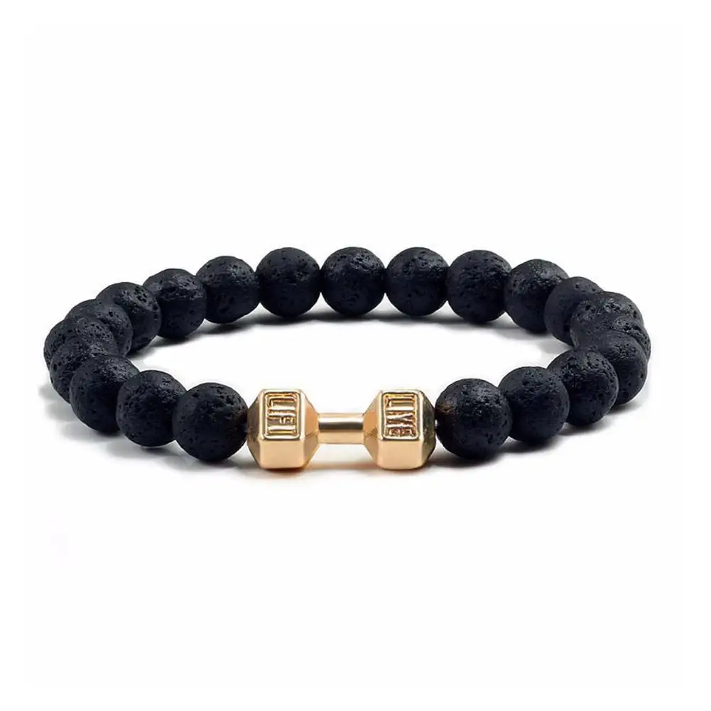 Natural Volcanic Stone Bracelet Men Matte Black Lave White Beads Charm Dumbbell Strand Bracelets Women Barbell Fitness Jewelry