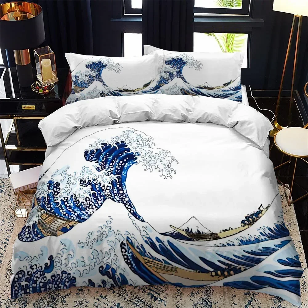 Japanese-Style Duvet Cover Set King Queen Full Size Ukiyo-e Theme Wave Pattern Polyester Bedding Set Fuji Mountain Exotic Style