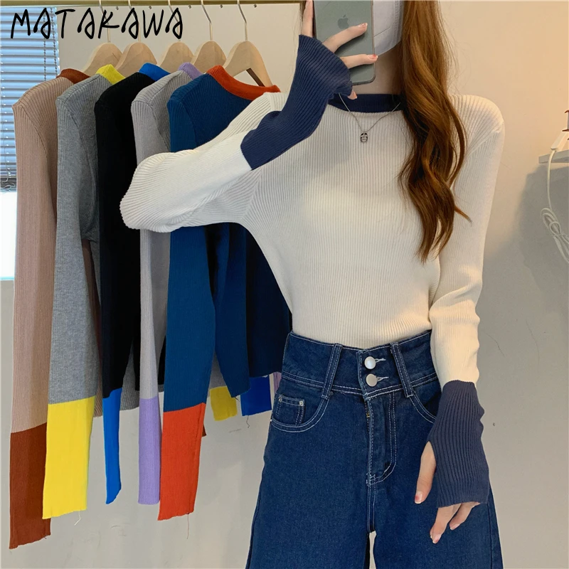 MATAKAWA Sweater Korean Fashion Thin Y2k Pullover Contrast Color Retro Long Sleeve Slim Jersey Top Elegant Sueters De Mujer