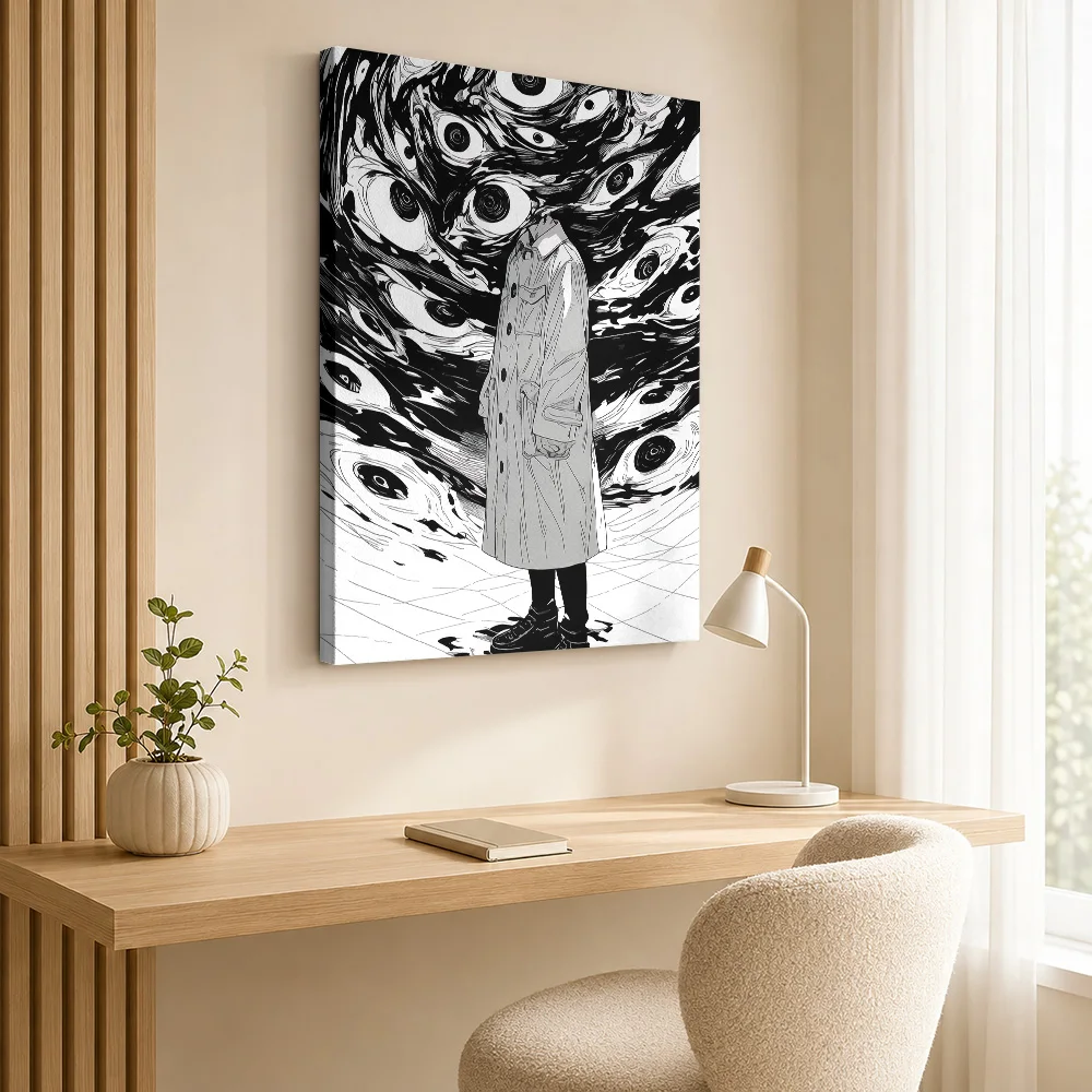 Man in Trench Coat with Many Eyes Canvas Poster Personalized Photo Gothic Horror Wall Art for Home Theater Decor Ready to Hang